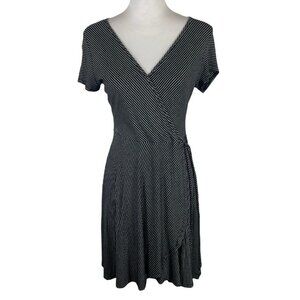 Soprano Wrap Dress Womens Large Black Striped Tie Waist Short Sleeve V Neck